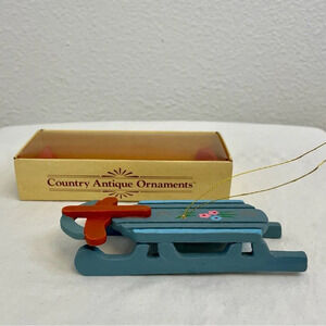 Vintage Russ Country Antique Ornaments Blue Wooden Sleigh Style# BX 2051.